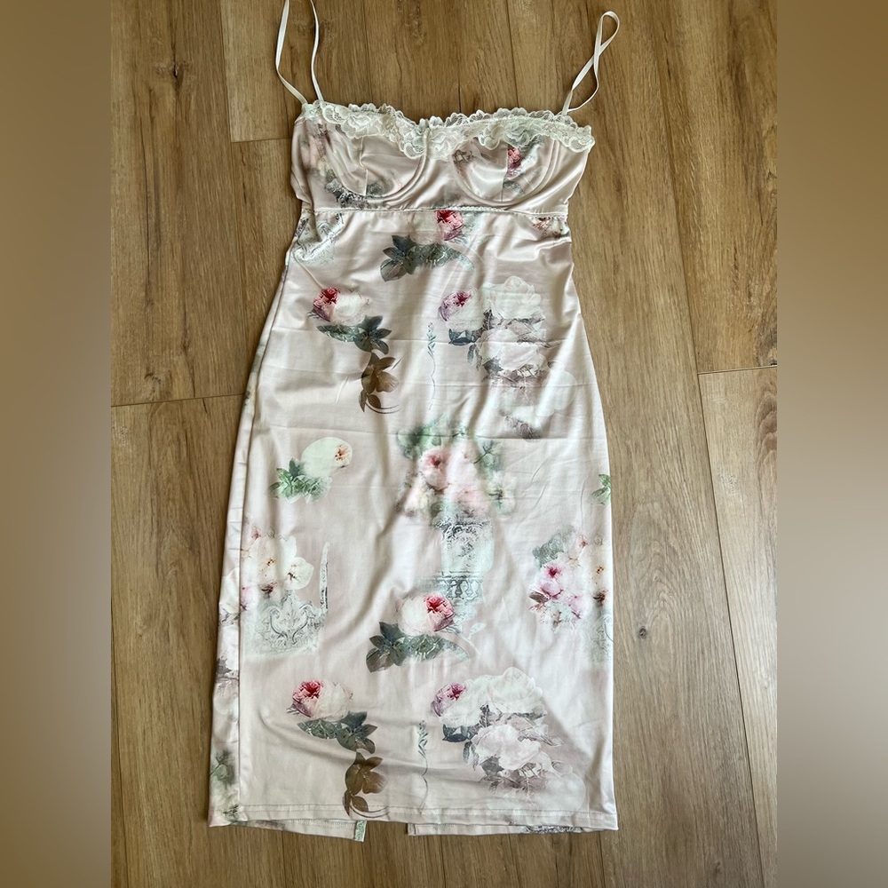 Floral Lace Trim Satin Slip Dress in Blush Pink